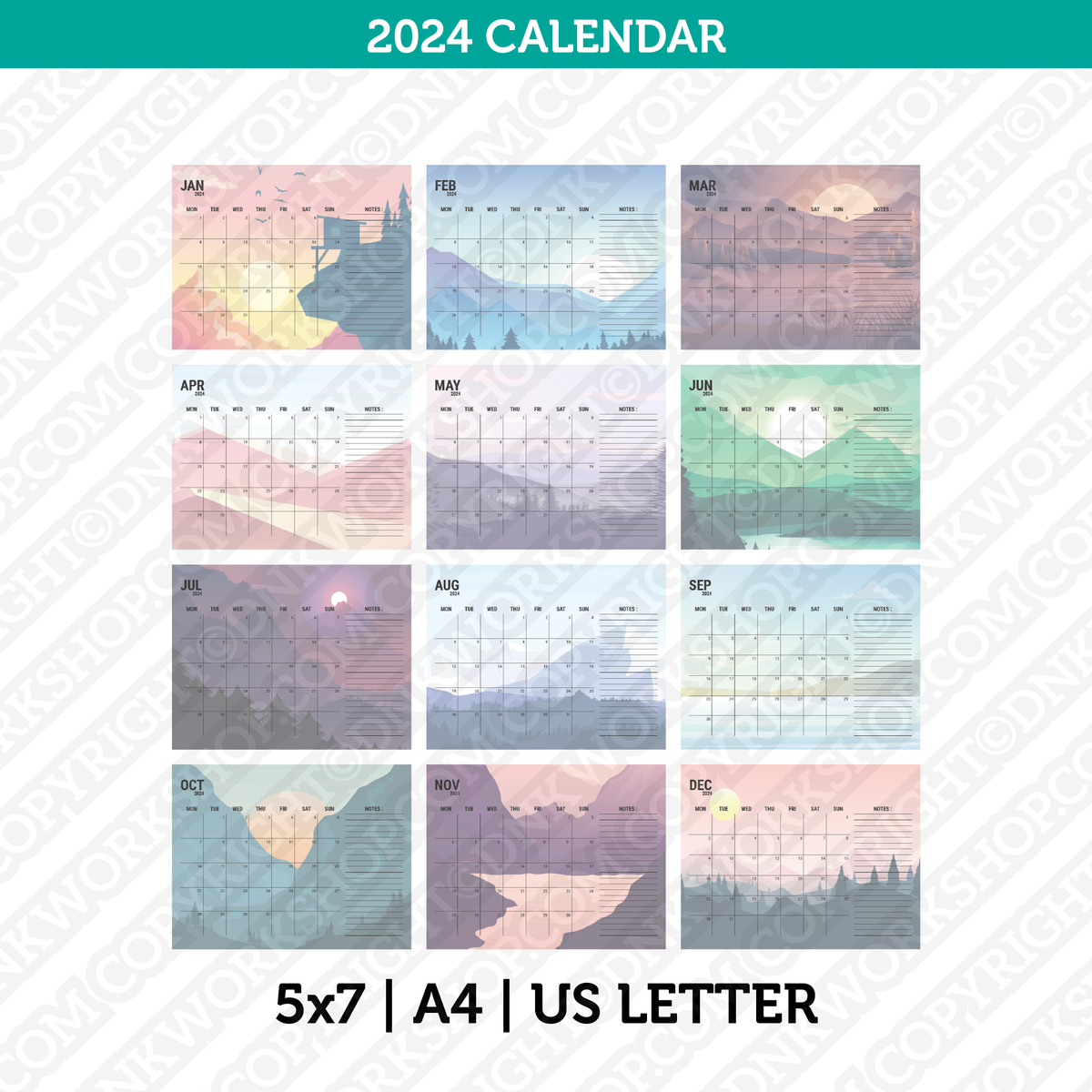 Mountain Calendar 2024 Printable PDF A4 & Us Letter Sunday Monday