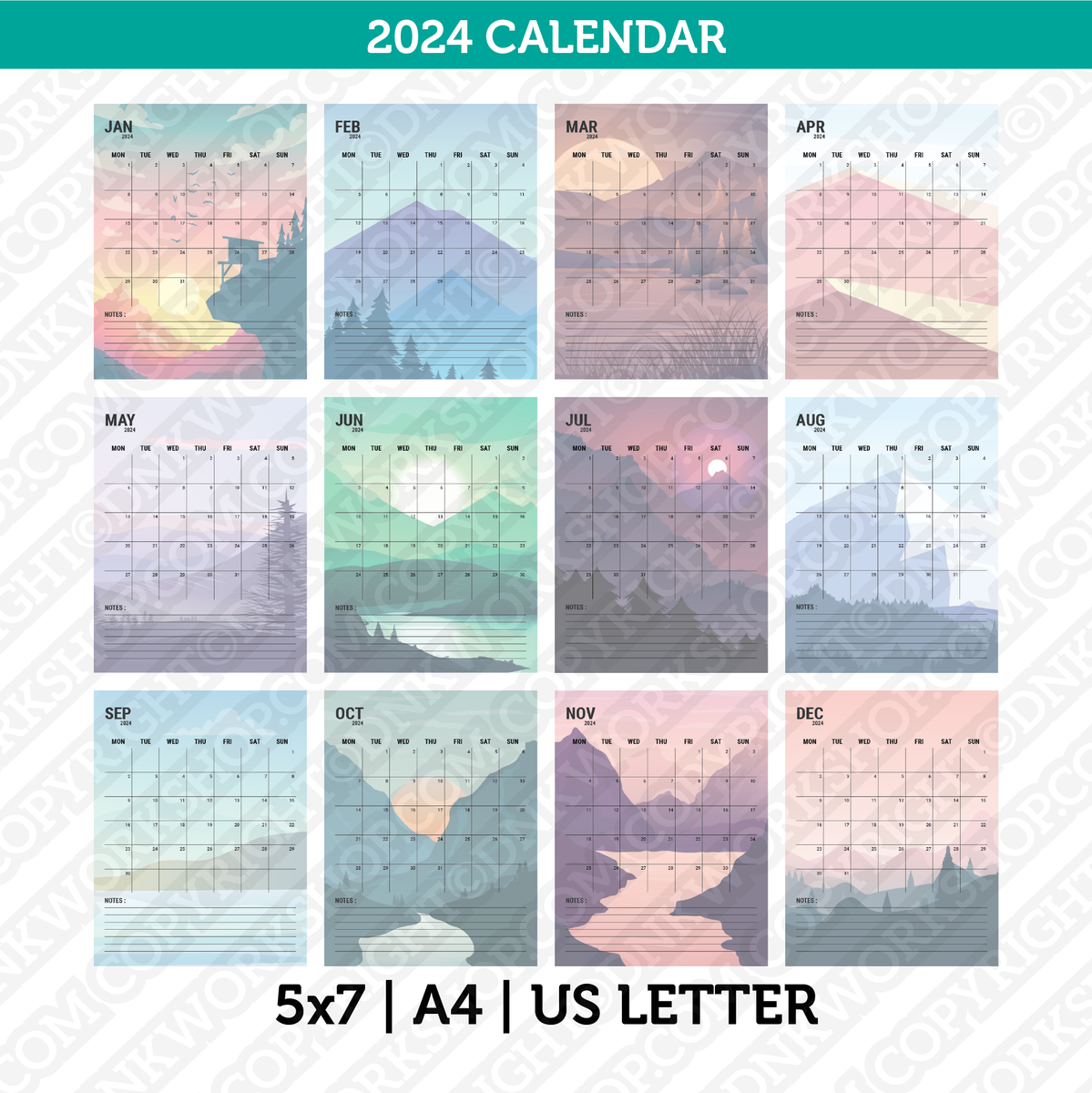 Mountain Calendar 2024 Printable PDF Us Letter & A4 Sunday Monday