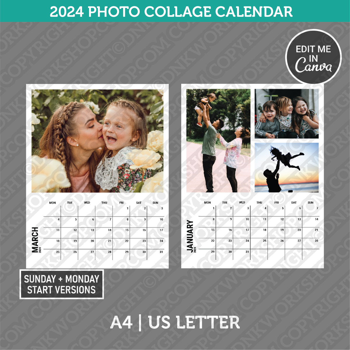 2024 Photo Collage Calendar Printable PDF A4 & US Letter Sunday Mo