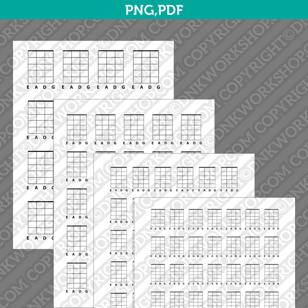 Blank Printable Guitar Chord Charts Diagram Sheet 4 String PDF PNG | A4 US Letter 5x7