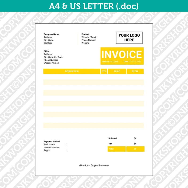 Invoice Template Word - Printable Bill Receipt | A4 & US Letter ...
