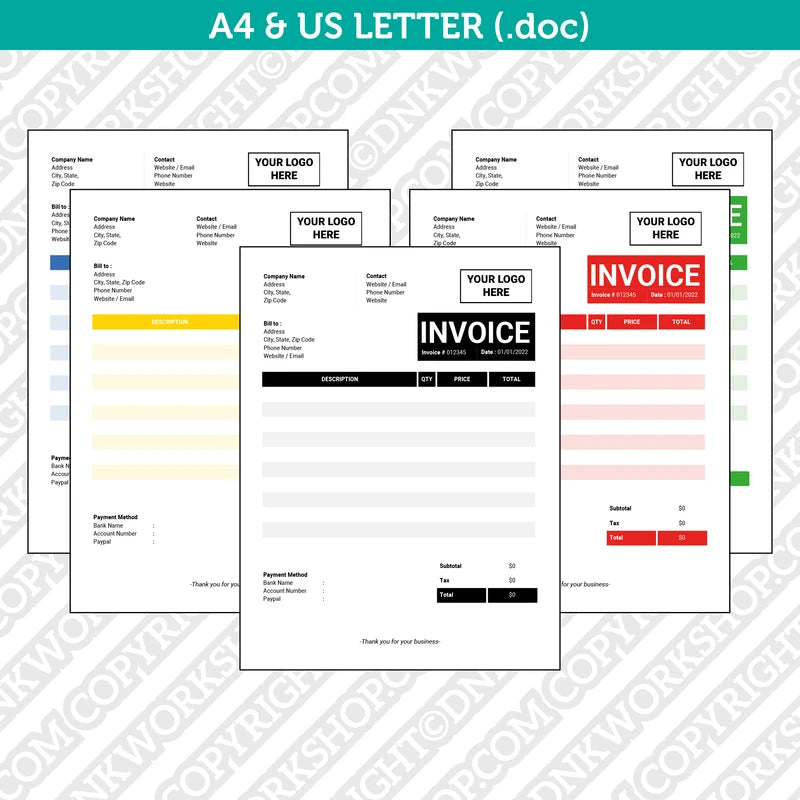 Invoice Template Word - Printable Bill Receipt | A4 & US Letter ...