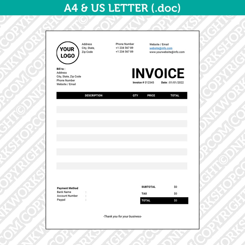 Editable Invoice Template Word - Printable Bill Receipt | A4 & US Lett ...