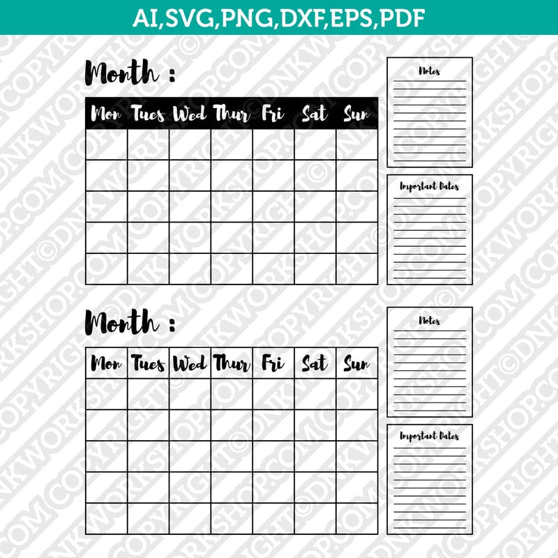Monthly Hand Drawn Calendar Svg Cricut Cut File Clipart Png Dxf Vector ...