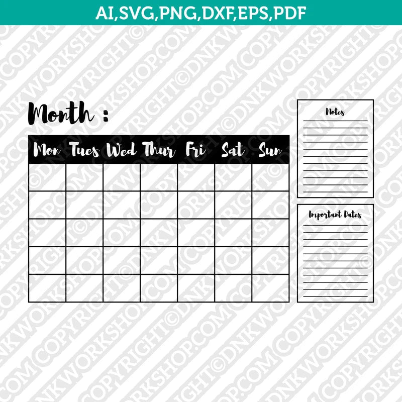 Monthly Hand Drawn Calendar Svg Cricut Cut File Clipart Png Dxf Vector ...