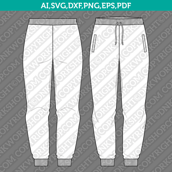 Long Jogger Pants SVG CAD Technical Flat Sketch Fashion PDF Eps Cut File Vector Cricut Clipart