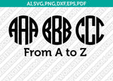 Three Letters Round Circle Monogram Font Alphabet Lettering SVG Vector Silhouette Cameo Cricut Cut File Clipart Png Dxf Eps