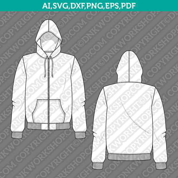 Unisex Zip Up Hoodie SVG Technical Flat Sketch Fashion CAD PDF PNG DXF EPS Cut File Vector Cricut Clipart