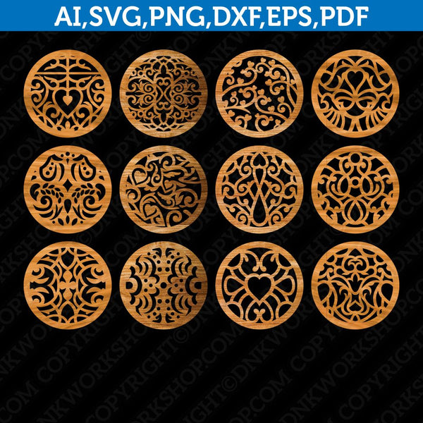 Coaster Mandala Ornament Leaf Template SVG Earring Laser Cut File Decorative Panel Cricut Dxf Eps Png Pdf