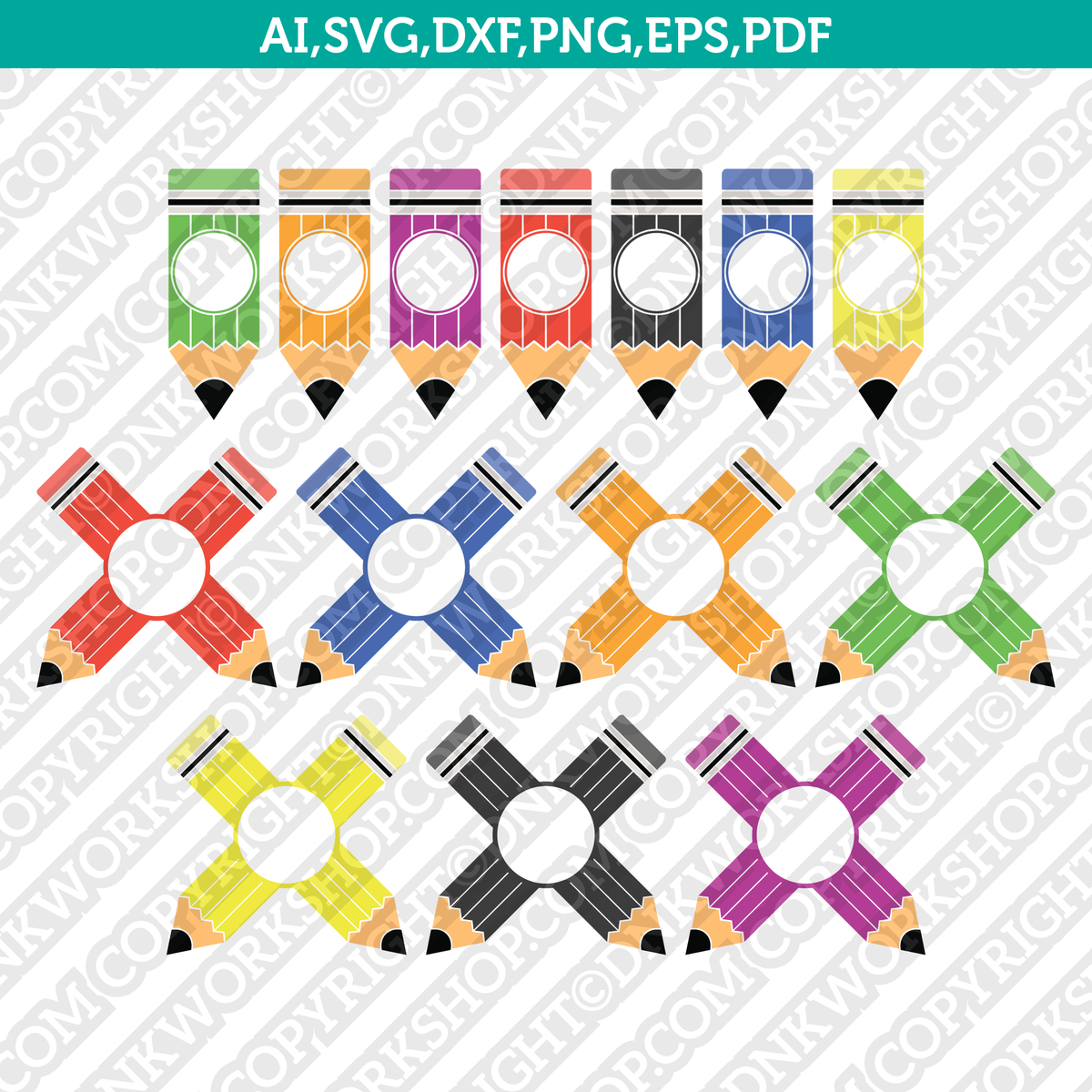 Crayons & Pencils Circle Monogram Frames SVG Cut File & Clipart