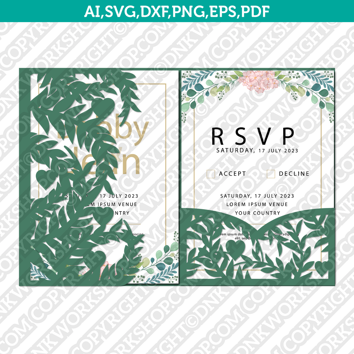 Gold Tropical Leaves Shimmer Wedding Invitations Laser Cut, Palm Leaves  With Rose Gold Foil Invitation, Tri-fold 5x7 Cricut Template Svg 