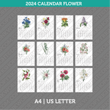 Flower Calendar Printable 2024 PDF | A4 & US Letter - Monday Sunday