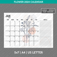 Flower Calendar 2024 Printable PDF | 5x7 | A4 | US Letter - Sunday Monday