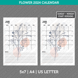 Flower Calendar 2024 Printable PDF | A4 & US Letter - Sunday Monday