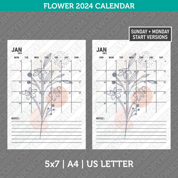 Flower Calendar 2024 Printable PDF | A4 & US Letter - Sunday Monday