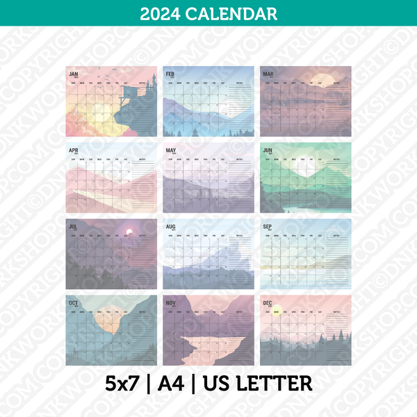 Mountain Calendar 2024 Printable PDF A4 & Us Letter Sunday Monday