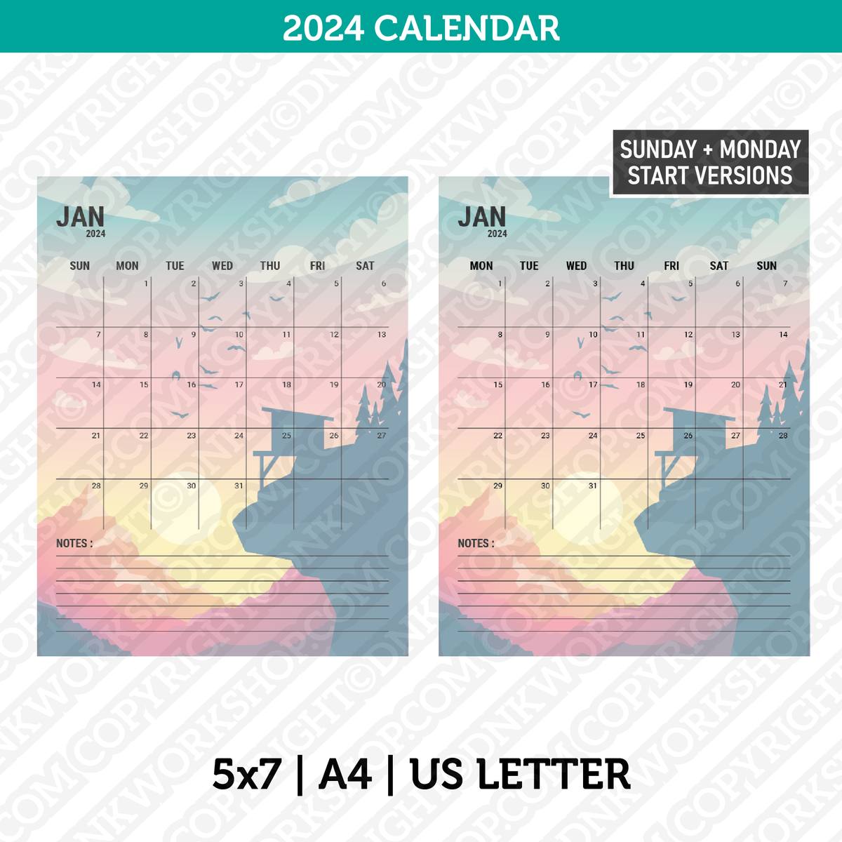 Mountain Calendar 2024 Printable PDF Us Letter & A4 Sunday Monday