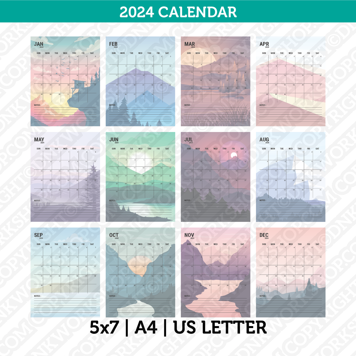 Mountain Calendar 2024 Printable PDF Us Letter & A4 Sunday Monday