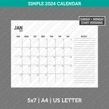 Simple Calendar Calendar Simple 2024 Printable PDF | Us Letter & A4  - Sunday Monday