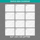 Simple Calendar Calendar Simple 2024 Printable PDF | Us Letter & A4  - Sunday Monday