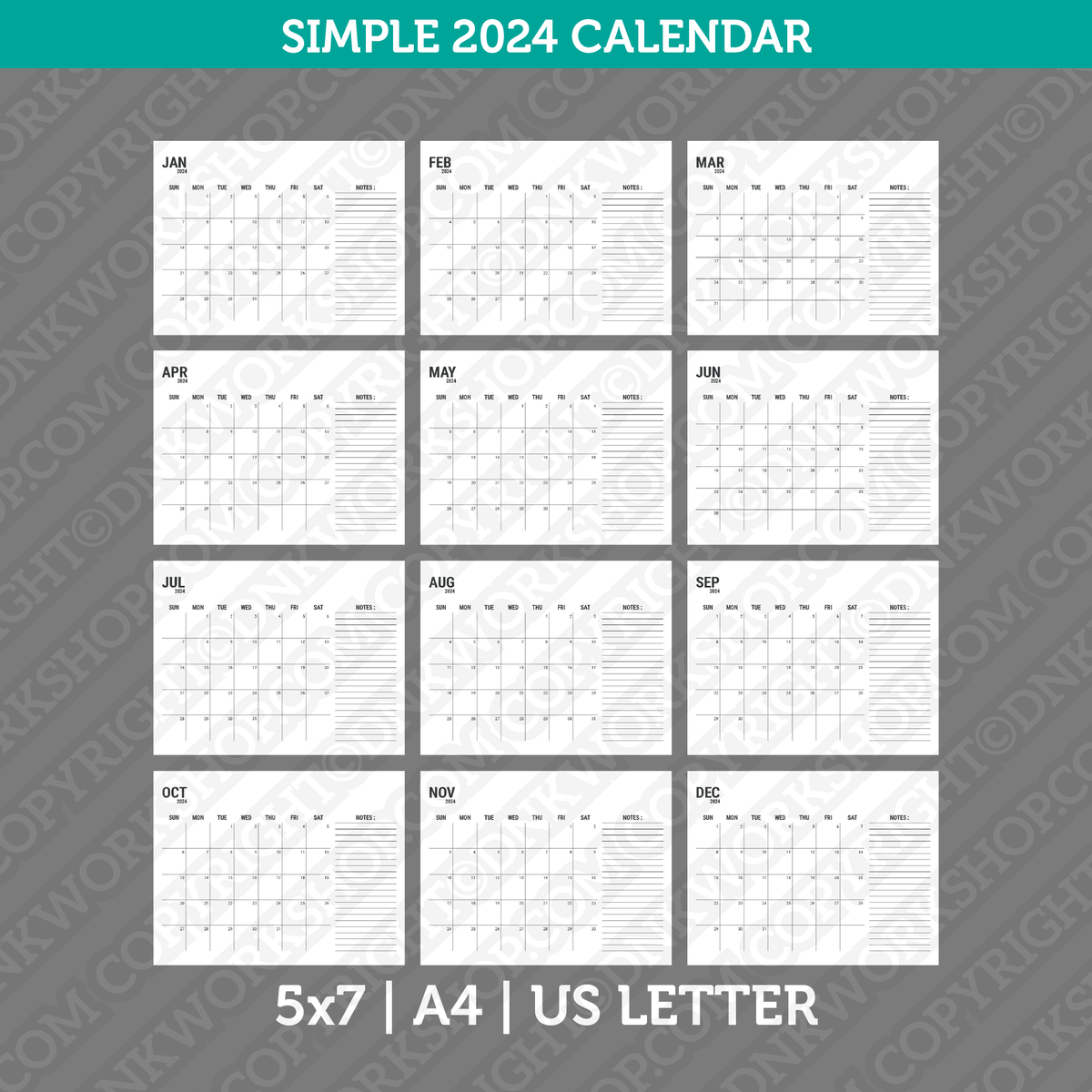 Simple Calendar Calendar Simple 2024 Printable PDF | Us Letter & A4 ...