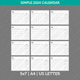 Simple Calendar Calendar Simple 2024 Printable PDF | Us Letter & A4  - Sunday Monday