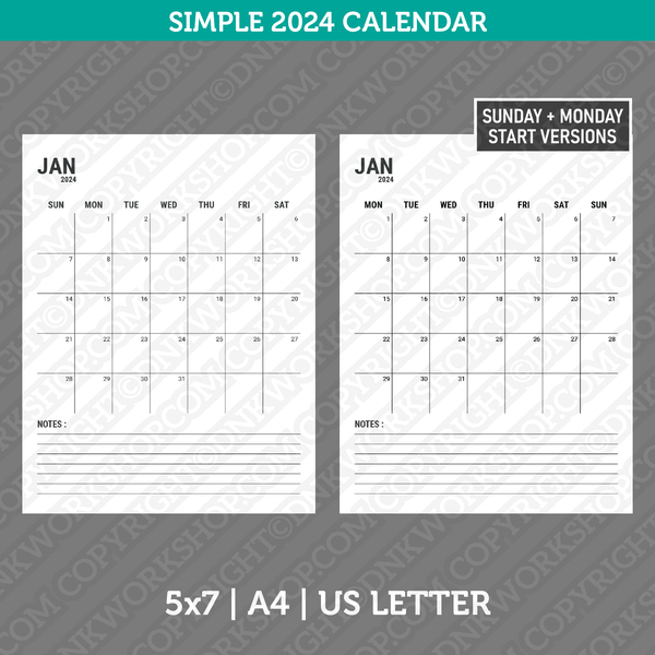 Simple Calendar 2024 Printable PDF | A4 & Us Letter  - Sunday Monday