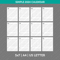 Simple Calendar 2024 Printable PDF | A4 & Us Letter  - Sunday Monday