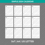 Simple Calendar 2024 Printable PDF | A4 & Us Letter  - Sunday Monday