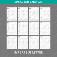 Simple Calendar 2024 Printable PDF | A4 & Us Letter  - Sunday Monday