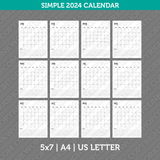 Simple Calendar 2024 Printable PDF | A4 & Us Letter  - Sunday Monday