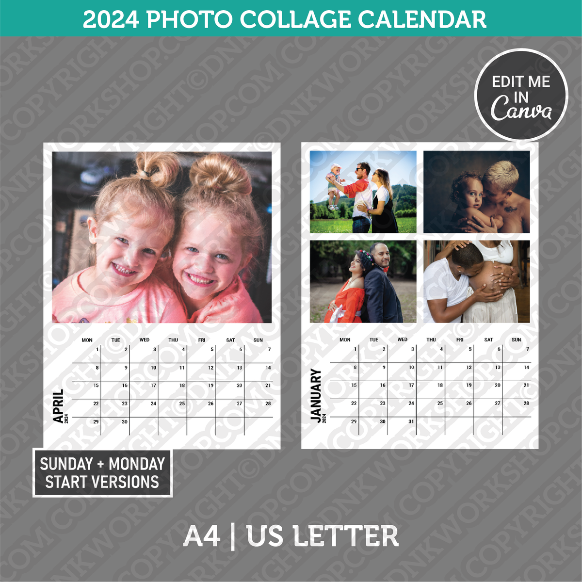 Calendar Photo Collage 2024 Printable PDF | A4 & US Letter - Sunday Mo ...