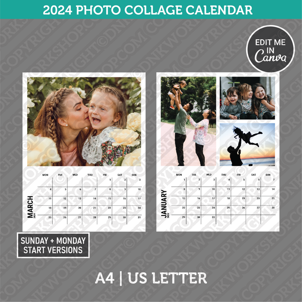 2024 Photo Collage Calendar Printable PDF | A4 & US Letter - Sunday Monday