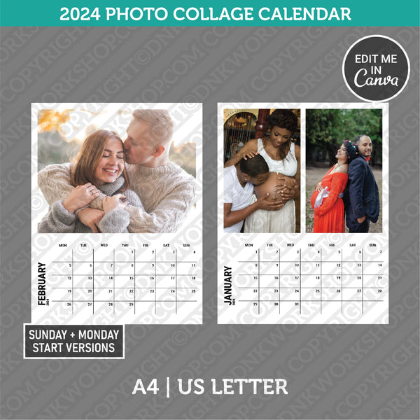 Photo Collage 2024 Calendar Printable PDF | A4 & US Letter - Sunday Monday