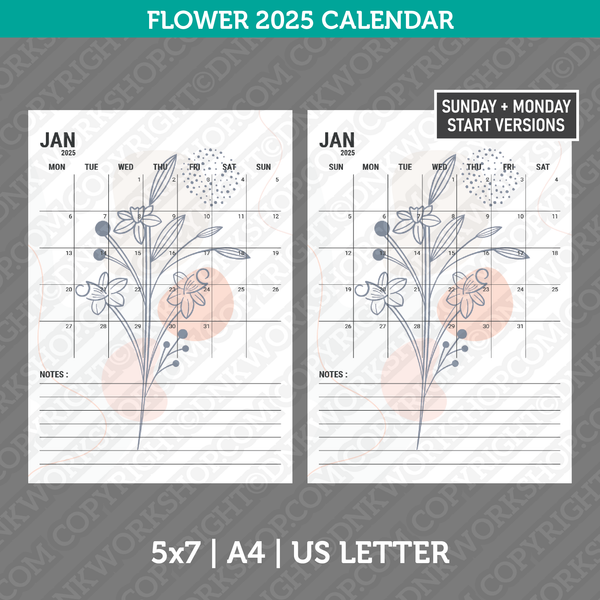 Flower Calendar 2025 Printable PDF | A4 & US Letter - Sunday Monday