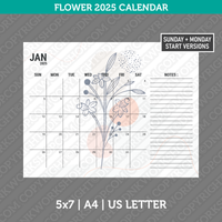 Flower Calendar 2025 Printable PDF | 5x7 | A4 | US Letter - Sunday Monday