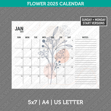 Flower Calendar 2025 printable PDF