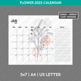 Flower Calendar 2025 Printable PDF | 5x7 | A4 | US Letter - Sunday Monday