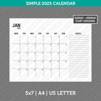 Calendar Simple 2025 Printable PDF | Us Letter & A4  - Sunday Monday