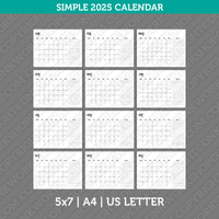 Calendar Simple 2025 Printable PDF | Us Letter & A4  - Sunday Monday