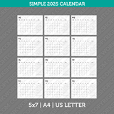 Calendar Simple 2025 Printable PDF | Us Letter & A4  - Sunday Monday