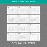 Calendar Simple 2025 Printable PDF | Us Letter & A4  - Sunday Monday