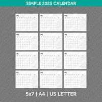 Calendar Simple 2025 Printable PDF | Us Letter & A4  - Sunday Monday