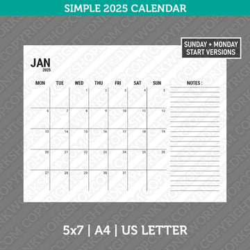 Calendar Simple 2025 Printable PDF