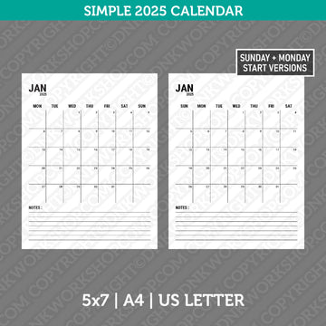 Simple 2025 Printable Calendar PDF