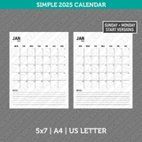 Simple Calendar 2025 Printable PDF | A4 & Us Letter  - Sunday Monday