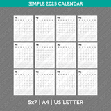 Simple Calendar 2025 Printable PDF | A4 & Us Letter  - Sunday Monday