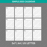 Simple Calendar 2025 Printable PDF | A4 & Us Letter  - Sunday Monday