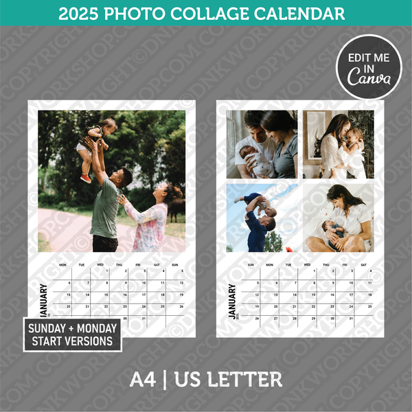 Calendar 2025 Photo Collage & Printable PDF | A4 &amp; US Letter - Sunday Monday.