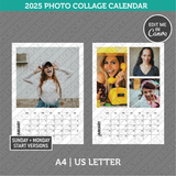 Photo Collage 2025 Calendar Printable PDF | A4 &amp; US Letter - Sunday Monday.